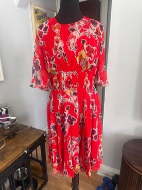 Jason Wu Red Floral Midi Dress with Flutter Sleeves